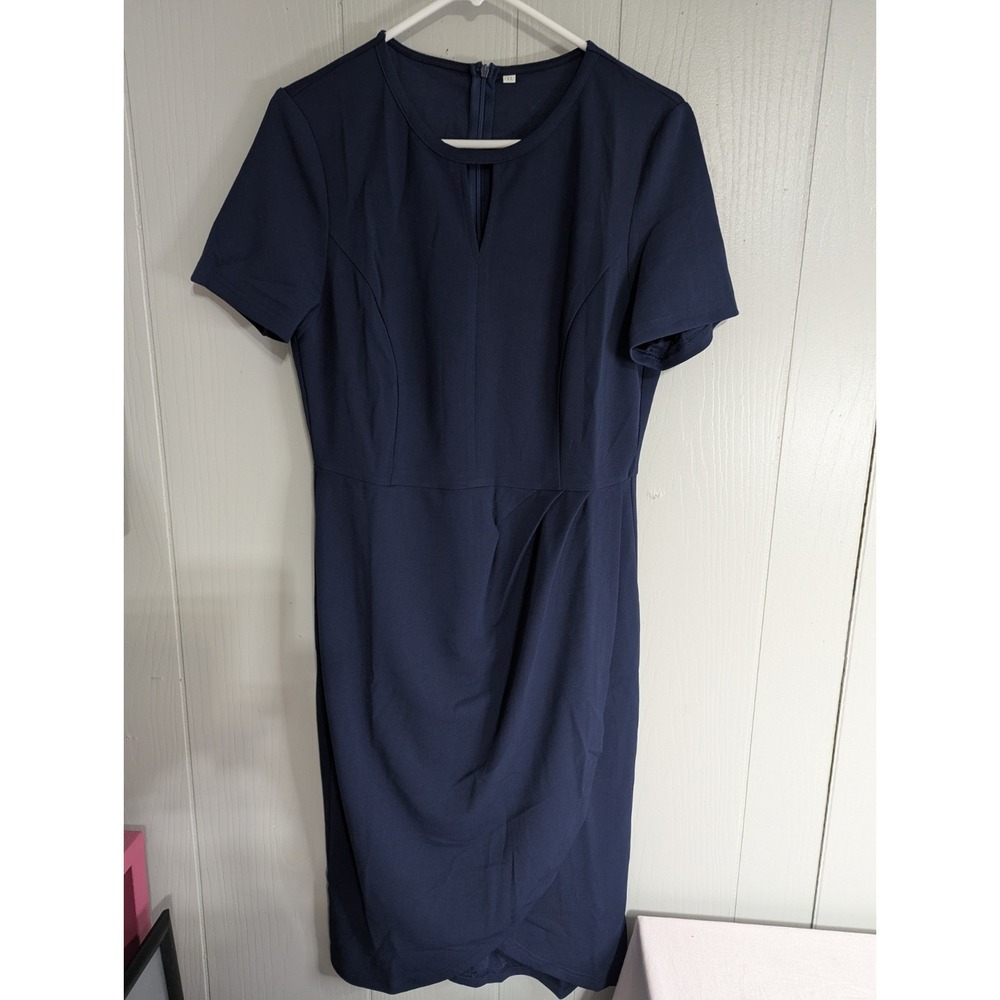 womens XL blue‎ dress keyhole neck zipper back wrap style bottom short sleeve